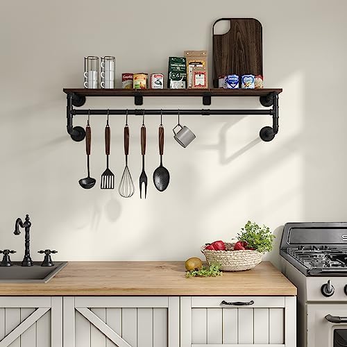 Industrial Pipe Clothes Rack with Top Shelf and 3 Hooks, 41''L Wall M...