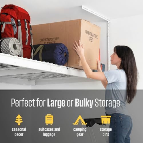 SafeRacks White 4x8 Overhead Storage Rack w/ 5-pc Hook Pack (12”-24" Drop)