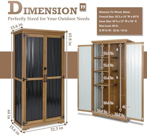 Outdoor Storage Cabinet with Shelves, Weatherproof Tool Shed for Patio