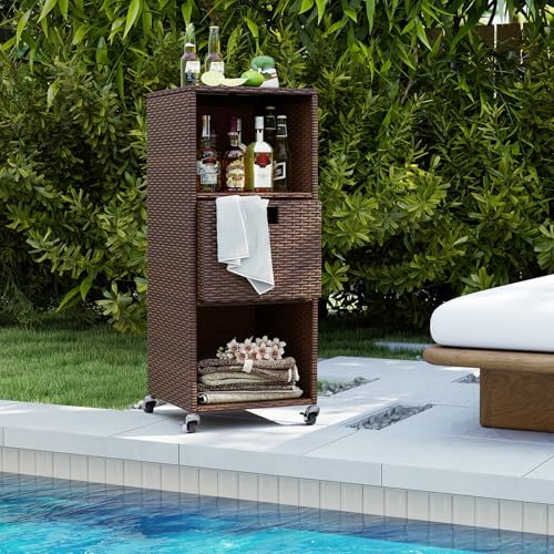 Tangkula Rattan Outdoor Storage Cabinet with 4 Wheels, Mix Brown