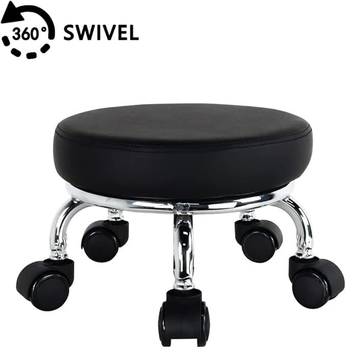 Modern Roller Seat PU Leather Low Round Rolling Stool 360 Swivel Small Stool