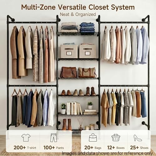 F3 Wall Mounted Closet System, Industrial Pipe Clothing Rack for Hanging Clot...