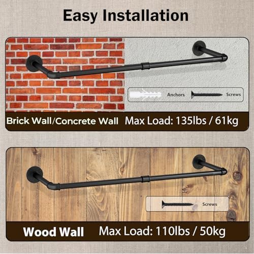 Wall Mounted Clothes Rack 24in, Industrial Pipe Wall Mount Clothing Rack, Hea...