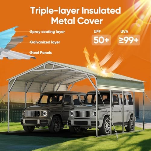 Quictent 20x20 FT Heavy Duty 2-Car Metal Carport, Galvanized Steel Hard Top S...