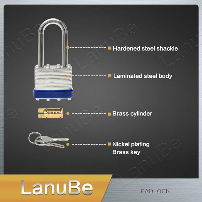 LanuBe Laminated Padlock 1-9/16inch Long Shackle 100 Pack Keyed Alike, Bulk