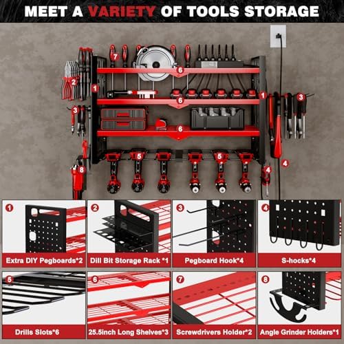 NattyDot Cordless Power Tool Organizer Wall Mount, 6 Drill Holders, Red