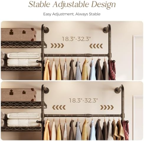Wall Mounted Closet System, 3-Row Heavy Duty Garment Rack, Black and Gold