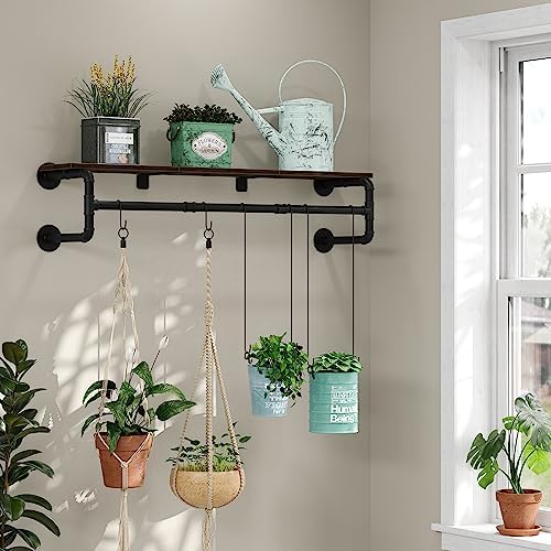 Industrial Pipe Clothes Rack with Top Shelf and 3 Hooks, 41''L Wall M...