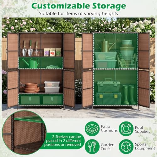 Tangkula Rattan Outdoor Storage Cabinet with 2 Adjustable Shelves