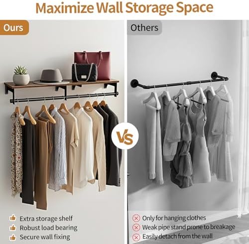 Luxspire 43.3" Wall Mount Clothes Rack with Wood Top Shelf Hanging Clothes