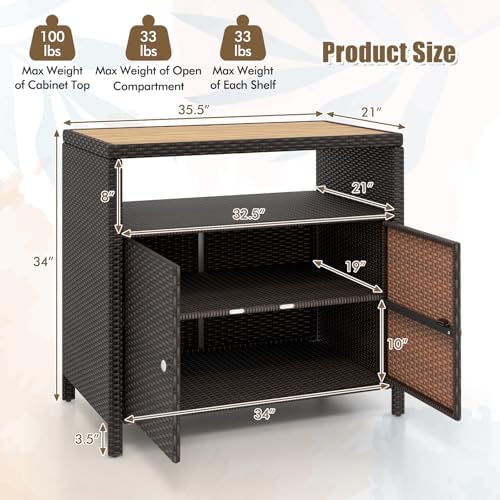HAPPYGRILL Outdoor Rattan Storage Cabinet, Patio Sideboard Buffet Cabinet wit...
