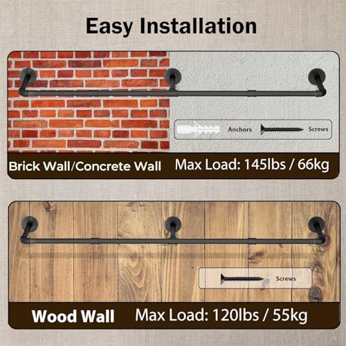 Wall Mounted Clothes Rack, 60in Industrial Pipe Clothing Rack for Hanging Clo...