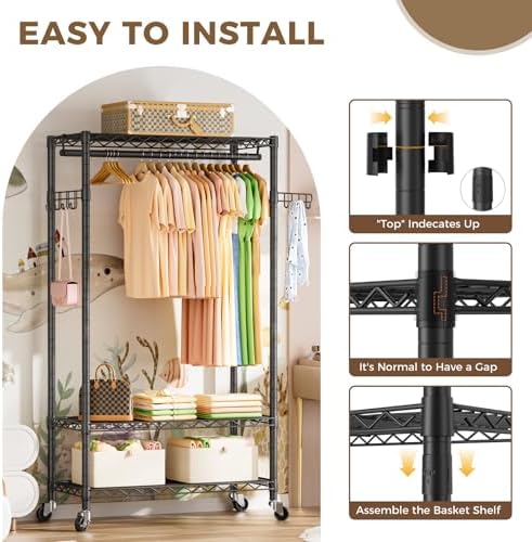 Golpart Heavy Duty Rolling Clothes Rack Wheels Portable Metal Garment Rack