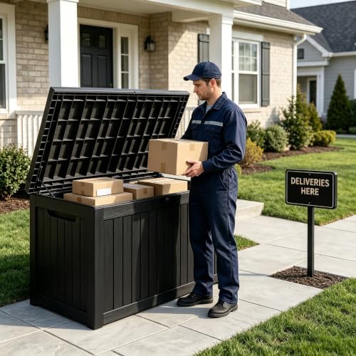 201 Gallon Large Resin Outdoor Storage Box, Waterproof Deck Box with Lockable...