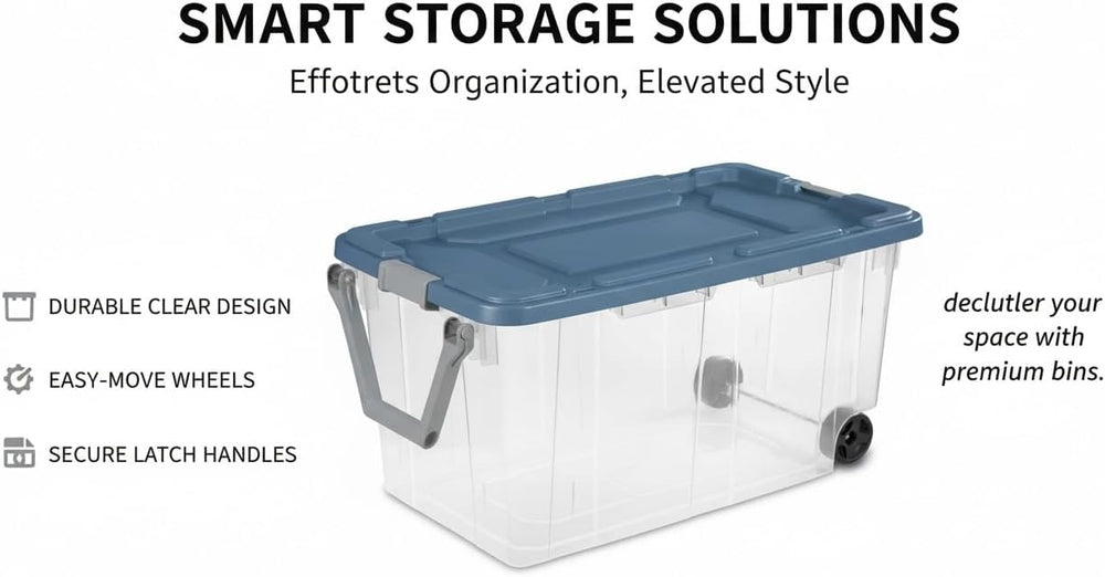 160 Quart Extra Large Clear Rolling Storage Bins 2-Pack, Blue Heavy-Duty Plas...