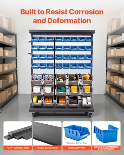 VEVOR 7-Tier Double-Sided Rolling Bin Storage Rack, 94 Plastic Bins, Dual-Sid...