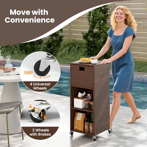 Tangkula Rattan Outdoor Storage Cabinet with 4 Wheels, Mix Brown