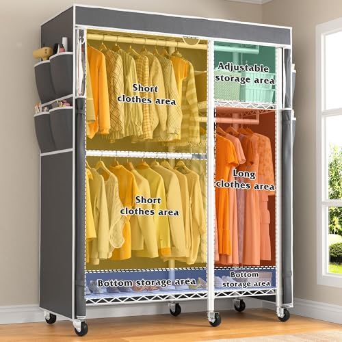 Raybee Clothes Rack with Cover, Rolling Portable Closet, 4 Hanging Zone