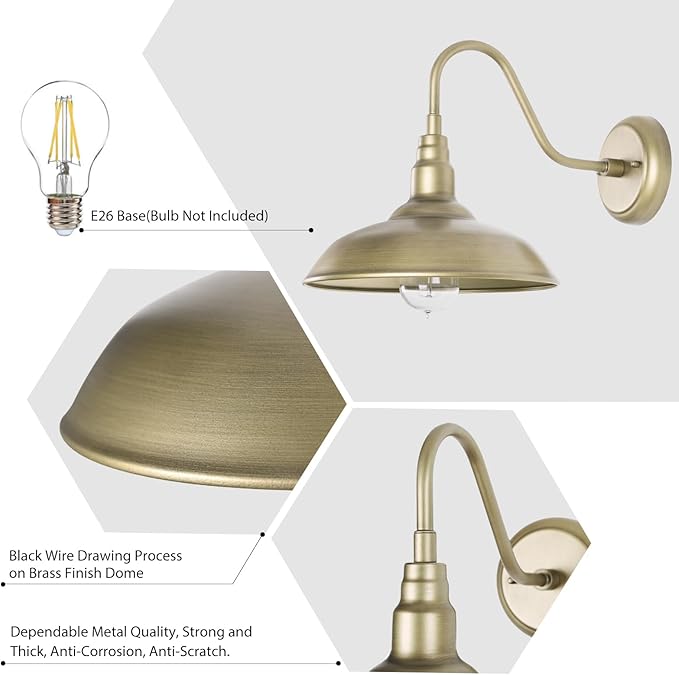 10 Inch Gooseneck Barn Light for Farmhouse, Brass Exterior Barn Style Light