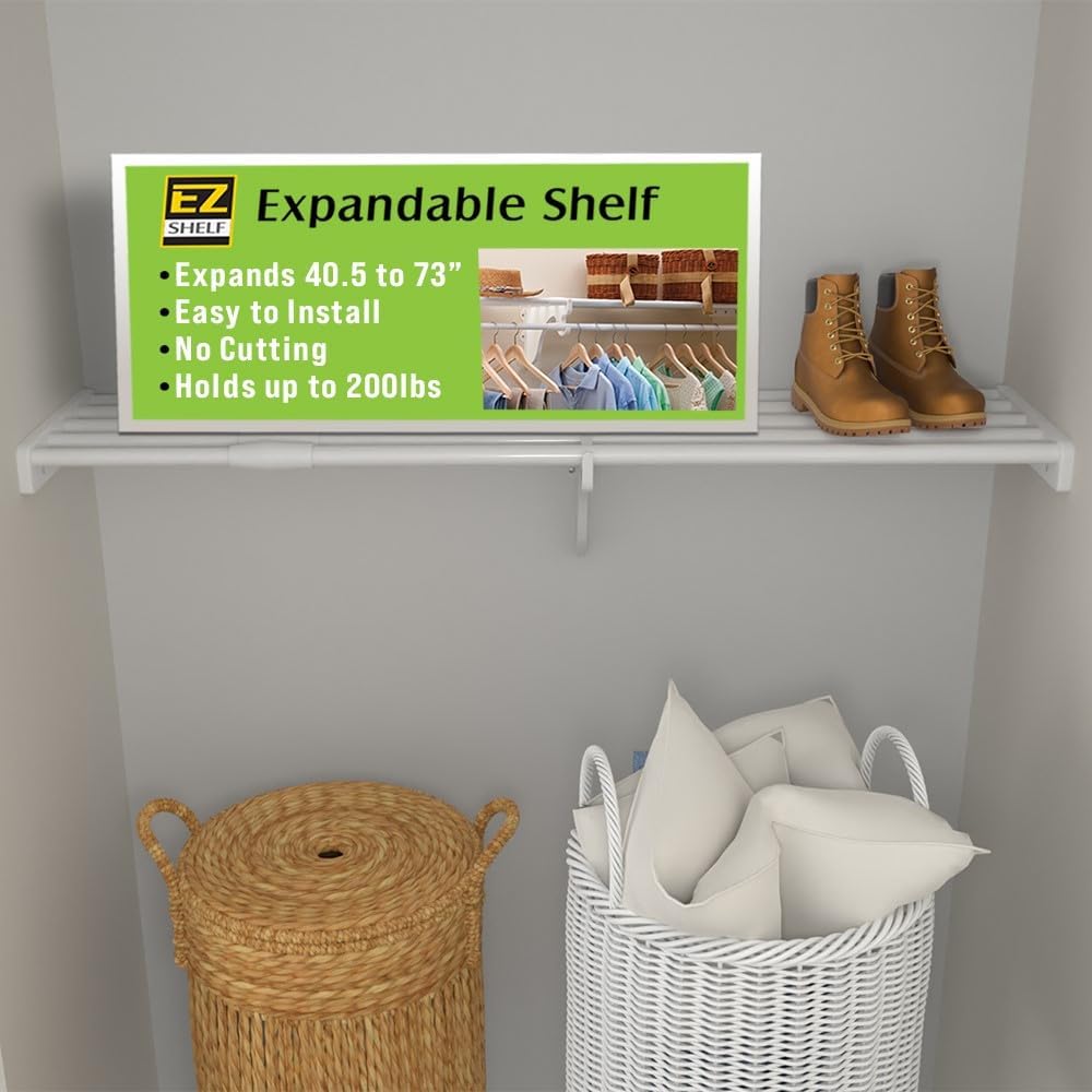 EZ Shelf - DIY Expandable Closet Shelf (NO Hanging Rod) - 40.5” to 73” - Whit...