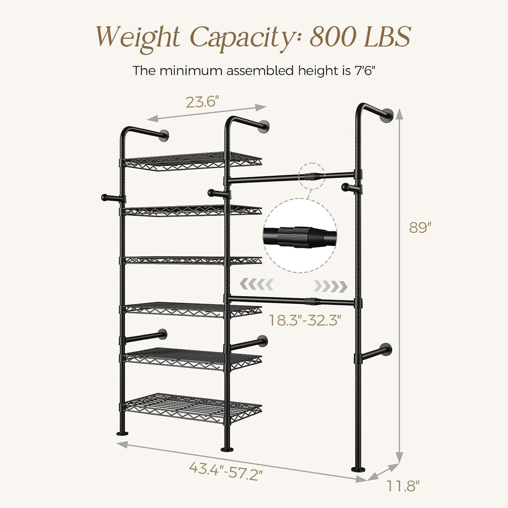Wall Mounted Closet System, Heavy Duty 2-Row Clothes Rack, Expandable Industr...