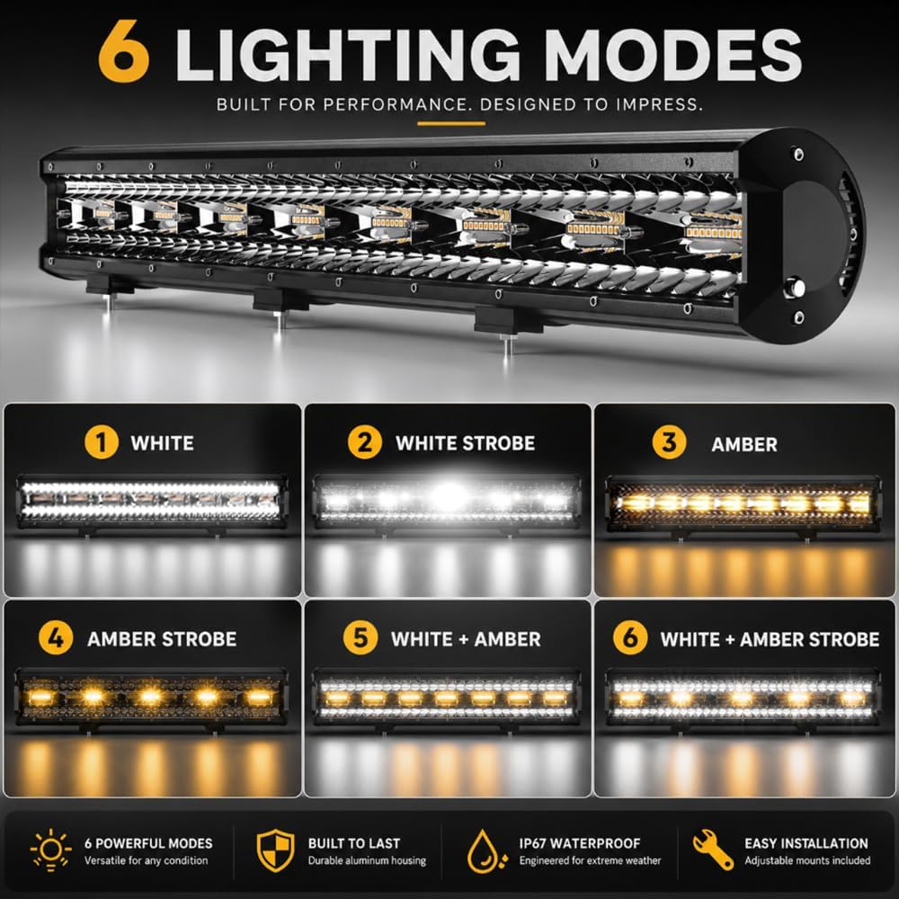 23 Inch 144W LED Light Bar White/Amber Flasing Strobe Light with Six Modes Dr...