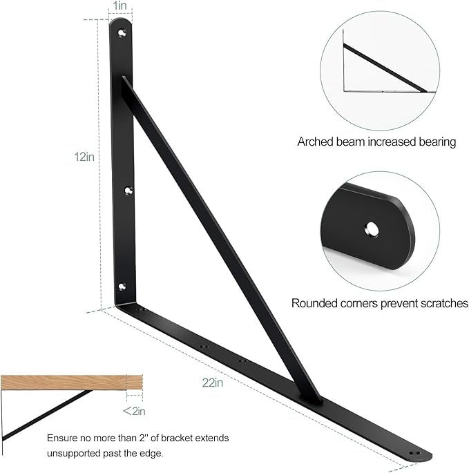 12 Pack L22 x H 12" Black Heavy Duty Shelf Brackets