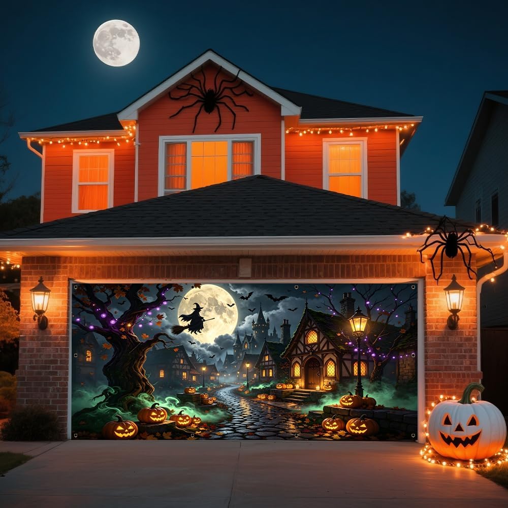 7x16ft Garage Door Halloween Cover Haunted House Halloween Garage Decor
