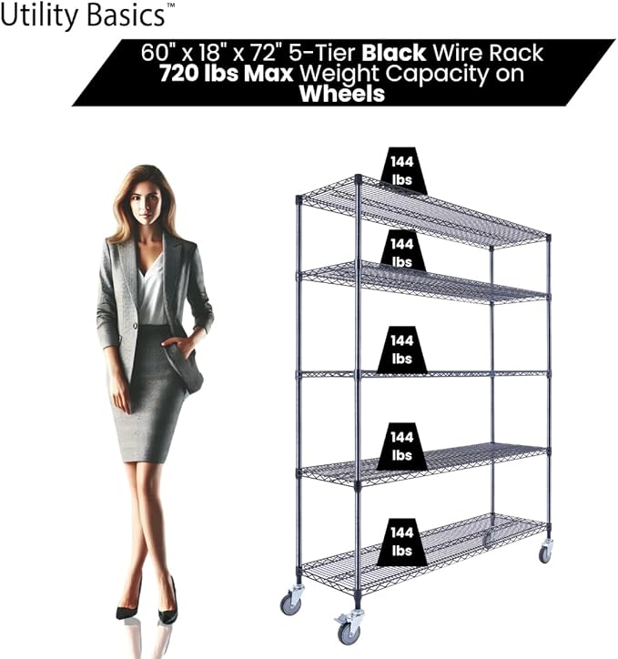 60"x18"x72" Black 5-Tier Premium Wire Shelving NSF 4000 LBS MA...