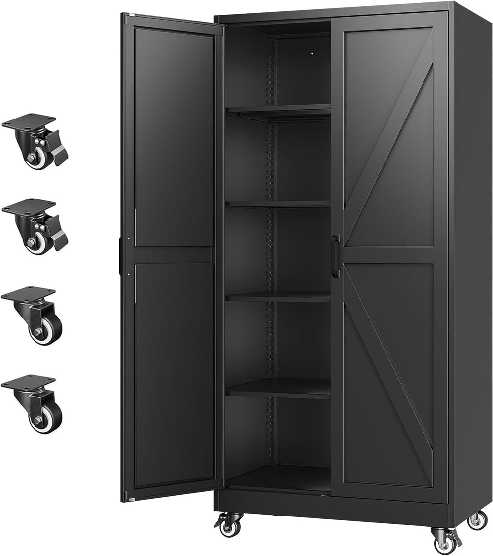 Letaya Metal Garage Storage Cabinet with Wheels,72" Black Tool Steel Locker