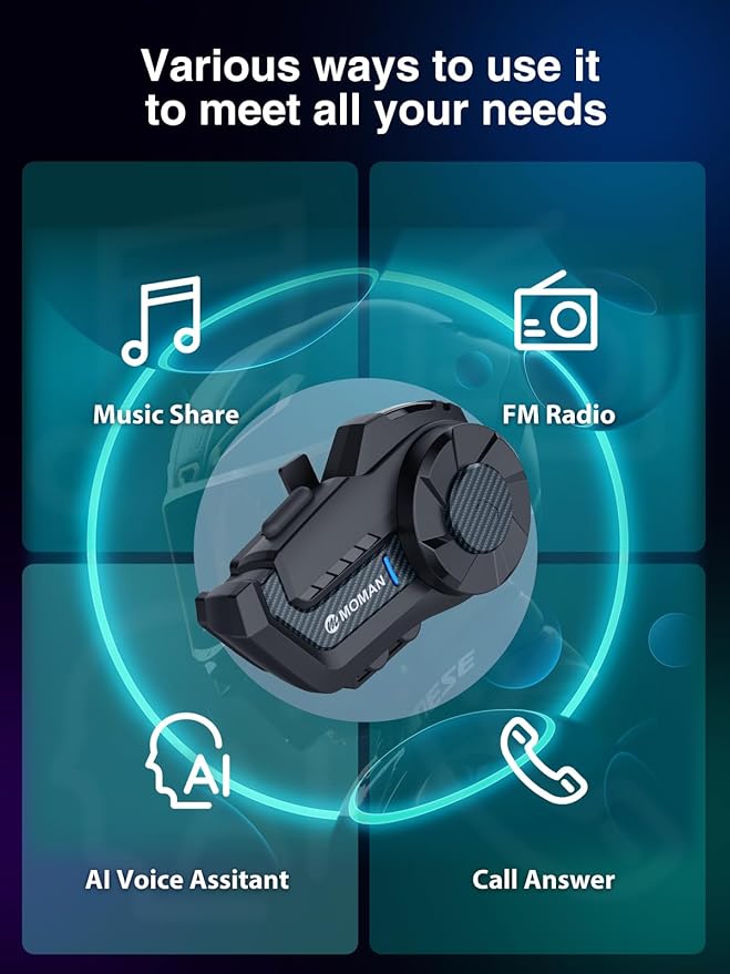 Motorcycle Intercom Headset, Moman H2 Pro【1 Pack Carbon】 Helmet Wireless