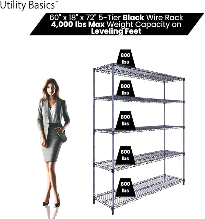 60"x18"x72" Black 5-Tier Premium Wire Shelving NSF 4000 LBS MA...