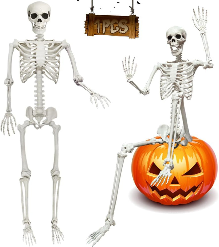 5.9FT Poseable Life Size Skeleton, Plastic Full Size Spooky Scary Skeleton with Movable Joints for Halloween Garden Party Decoration