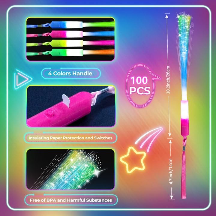 SHQDD 100 PCS Glow Fiber Wands Sticks, LED Light Wands, Glow in The Dark Part...