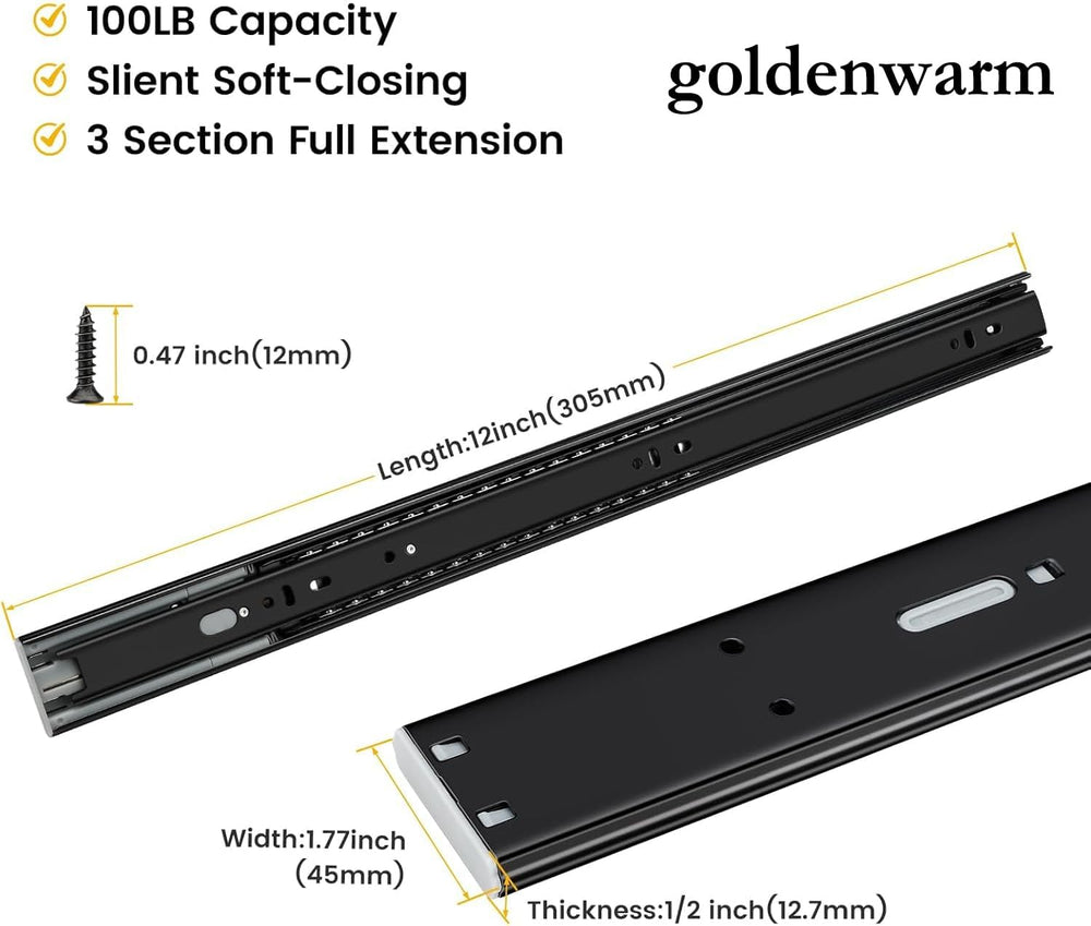 Goldenwarm 12 Inch Black Soft Close Drawer Slides 20 Pack 10 Pairs 100lb