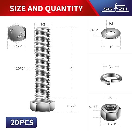 1/2-13 x 3" Hex Head Screw Bolt, Flat & Lock Washers, Fully Threaded...