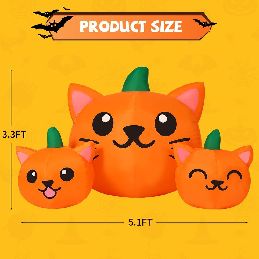 COMIN Halloween Inflatable 5FT Long Three Pumpkin Cat Head Combo with Built-i...