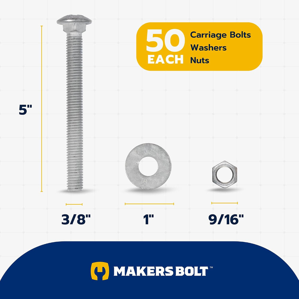 3/8" x 5" (50 Pack) Galvanized Carriage Bolt Kit, Grade 307A, Hot D...