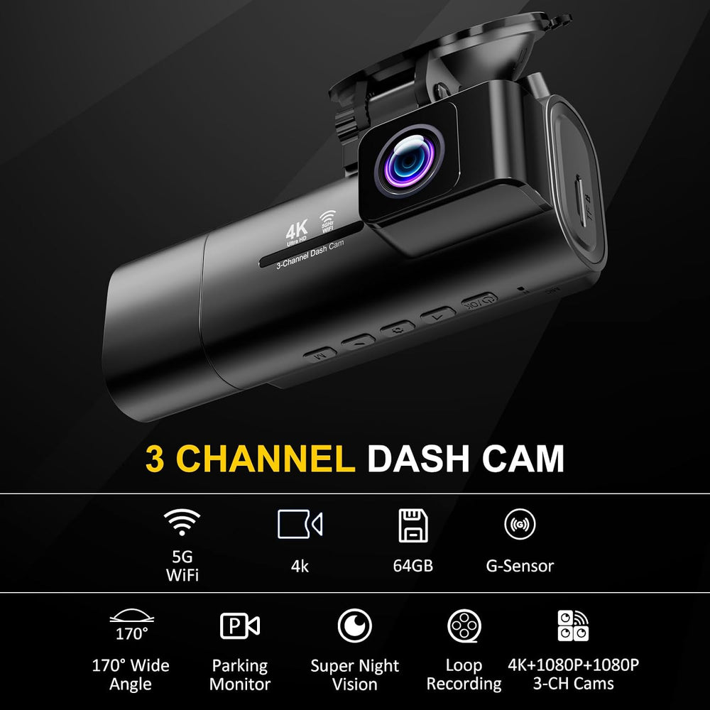 4K Dash Cam Front and Rear Inside,3.16" IPS,3 Channel Dash Cam for Car w...