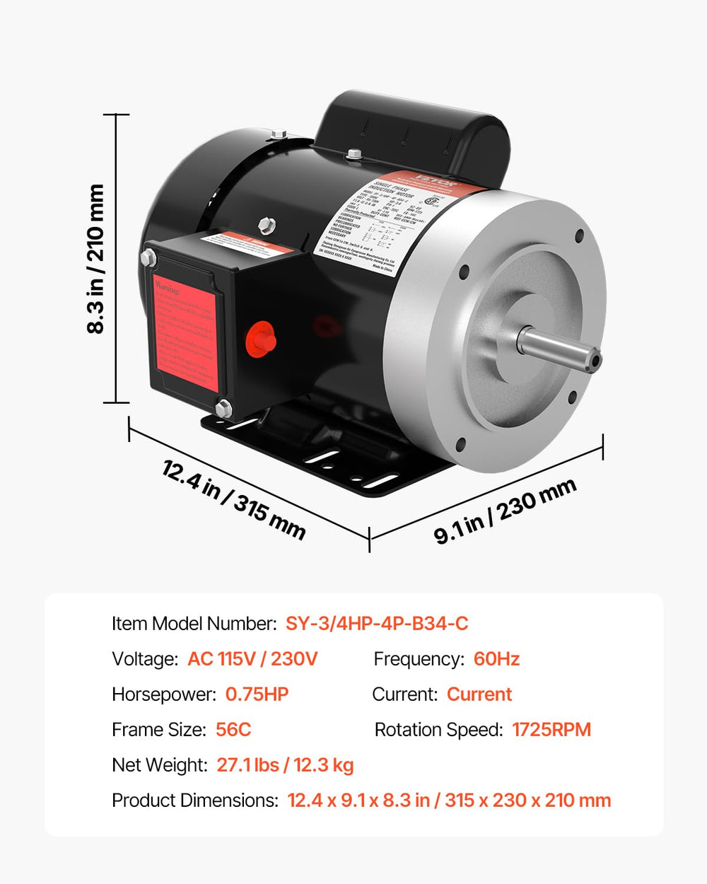 VEVOR 3/4HP Electric Motor 1725 RPM, AC 115V/230V, 56C Frame, Air Compressor ...