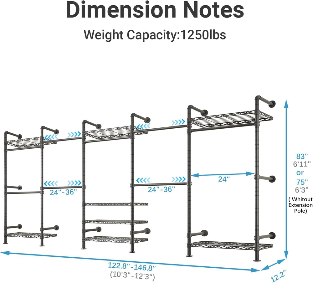 Timate F5 Expandable Wall Mounted Clothes Rack with 8 Adjustable Shelves &...
