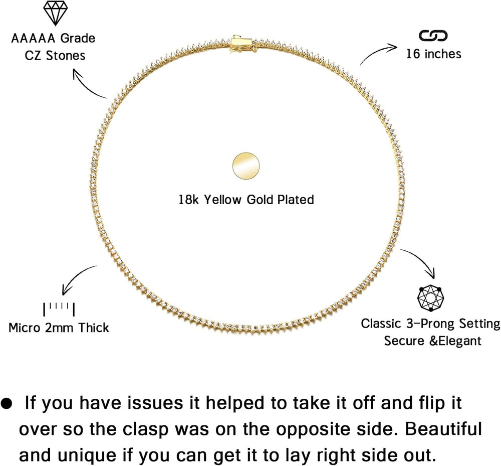 BREN 2mm Tennis Necklaces for Women Men, 3 Prong/Bezel Set 18K White/Yellow G...