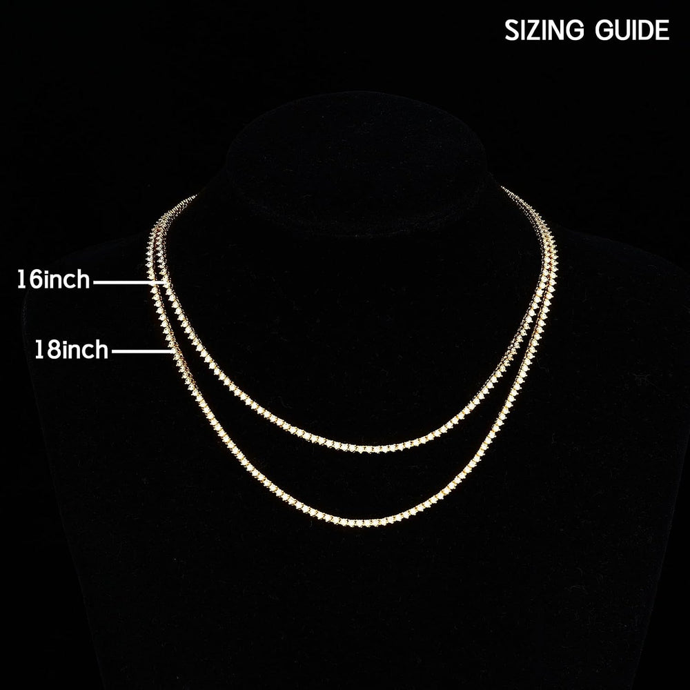 BREN 2mm Tennis Necklaces for Women Men, 3 Prong/Bezel Set 18K White/Yellow G...