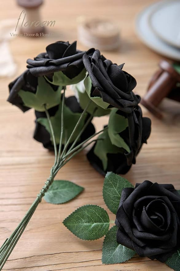 Floroom Artificial Flowers 50pcs Real Looking Black Foam Fake Roses with Stem...