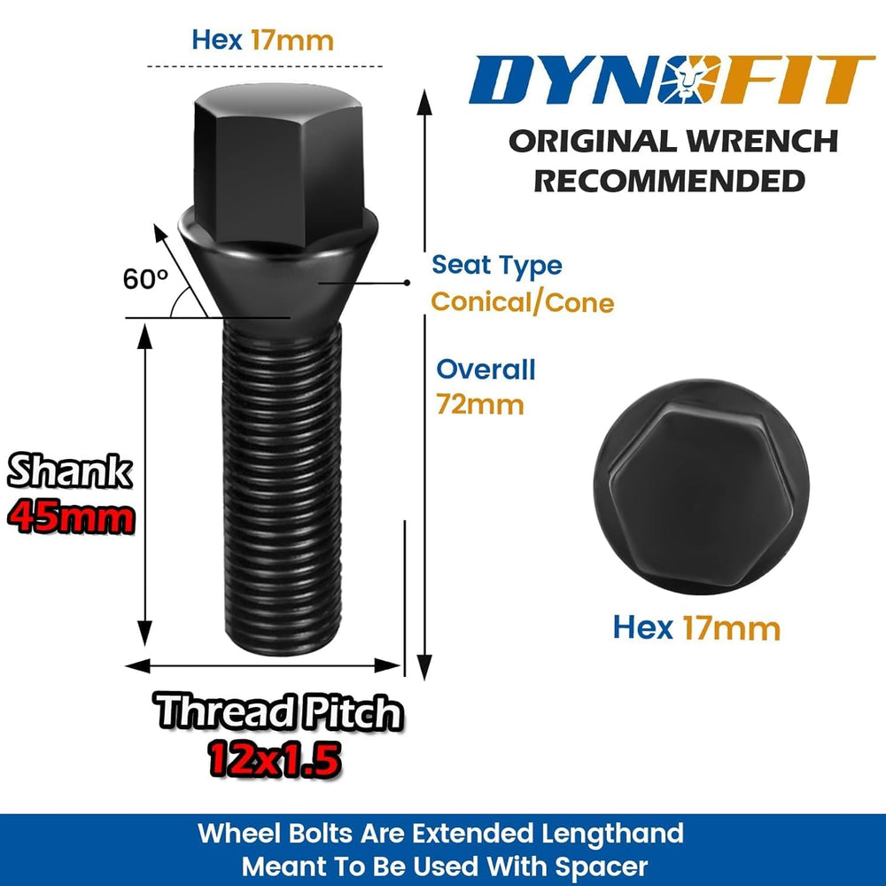 Dynofit M12x1.5 Extended Lug Bolts Compaible with BMW, 45mm Shank Conical Sea...