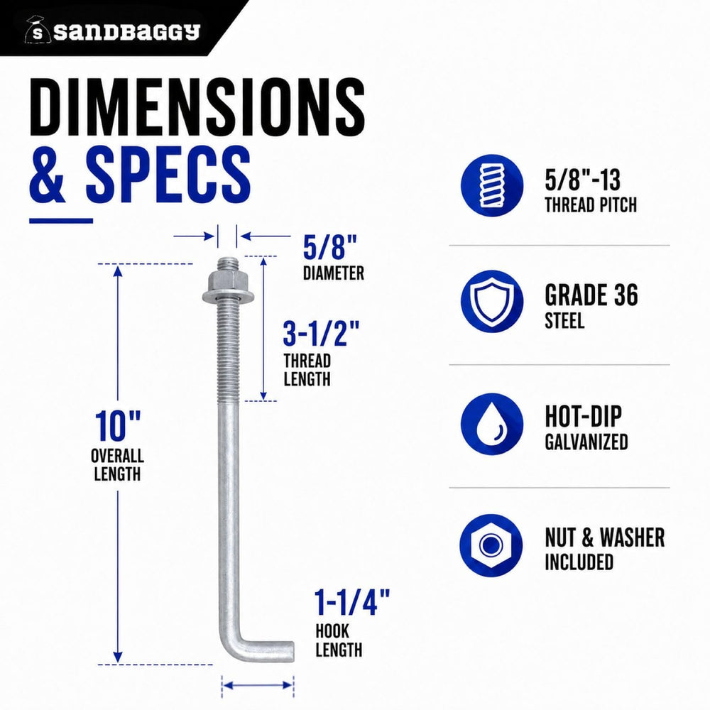 Sandbaggy 5/8" x 10" Threaded Concrete Anchor L-Bolts (Nuts & W...