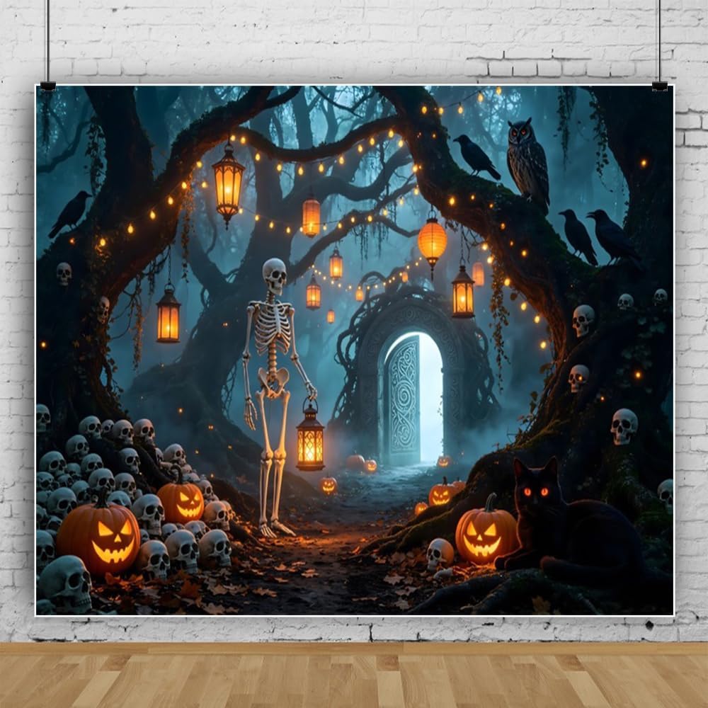 10x10ft Halloween Backdrop for Photography Skeleton Haunted Forest Backdrop