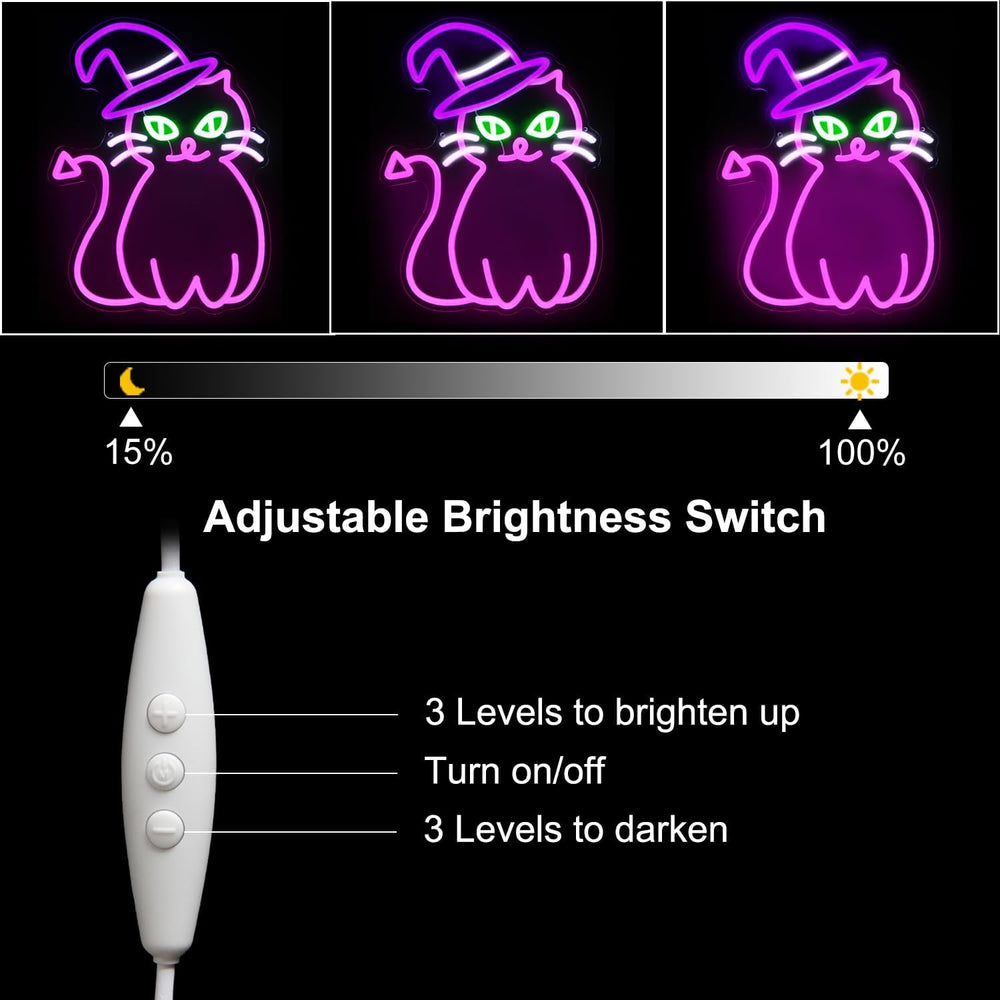Pink Cat with Witch Hat Neon Sign Halloween LED Light for Room Party Decor