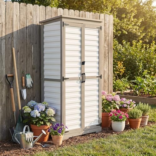 Tall Outdoor Storage Cabinet with Adjustable Shelves, White Plastic & Woo...