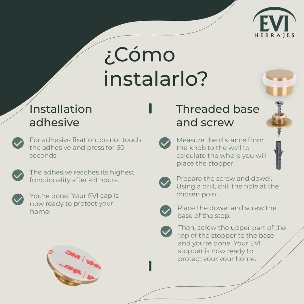 EVI Herrajes | Floor Mounted Doorstop | Adhesive or Screw Installation | W=1,...